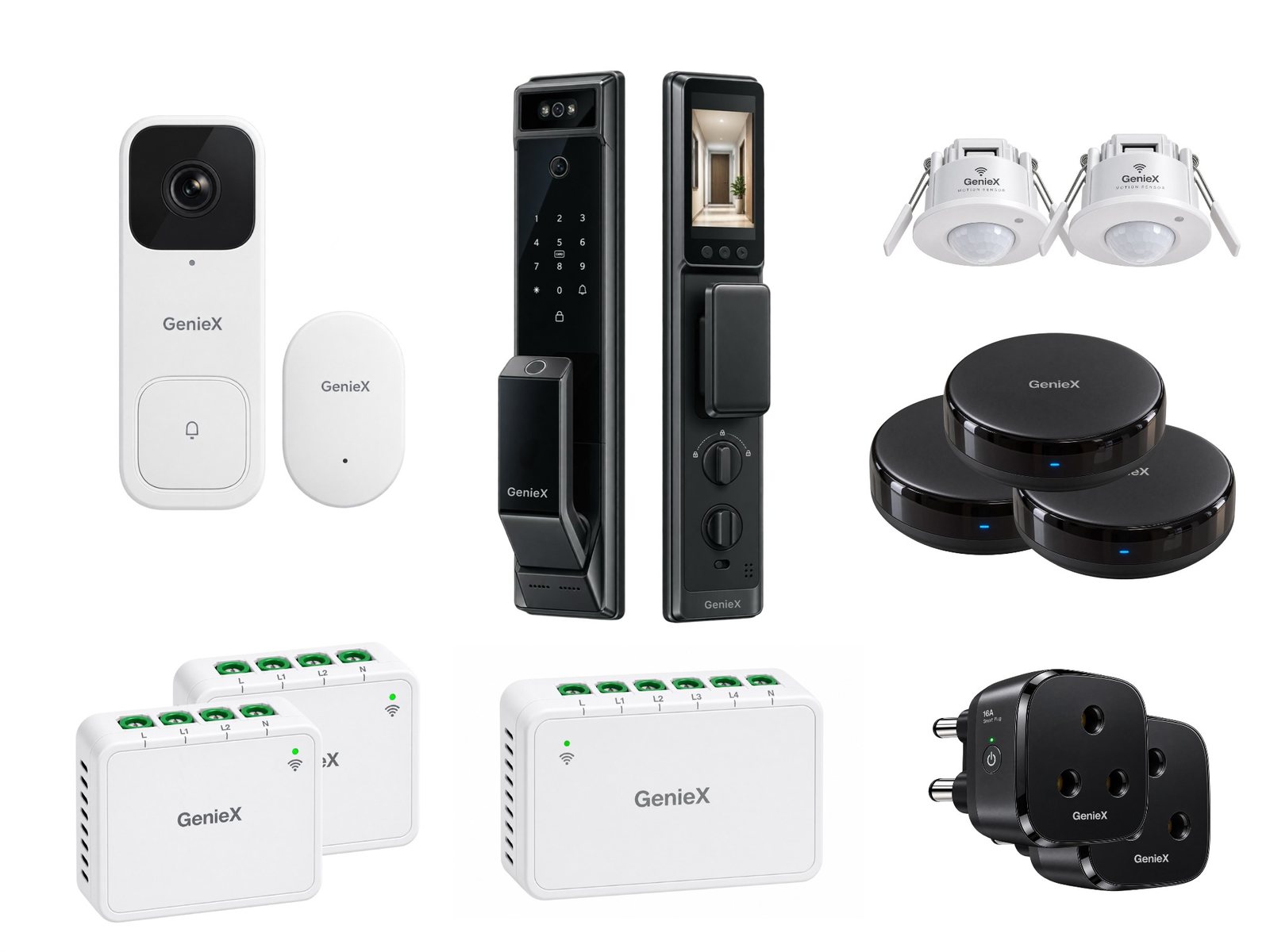 Contents of a GenieX Smart Value Pack — doorbell, lock, sensors, plugs and hub